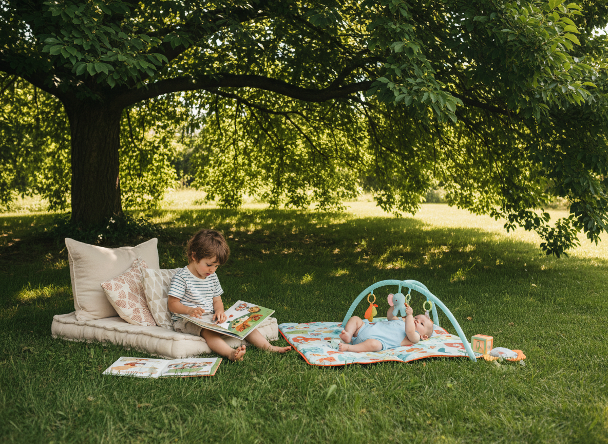 Wide outdoor garden scene under a large tree with lush green leaves visible overhead and dappled natural light filtering through. On the grass below: on one side, a cozy reading nook with a soft cushion and an open book, where a 4-year-old child is sitting and reading. On the other side, a colorful baby play mat is spread out on the grass with a few soft toys, where a baby (around 6-12 months) is lying on their back. The two children are side by side, peaceful and relaxed. Realistic lifestyle photography style, warm natural daylight, no filters, everyday family life, wide angle shot showing the full scene with tree trunk and leafy branches above, green grass around.