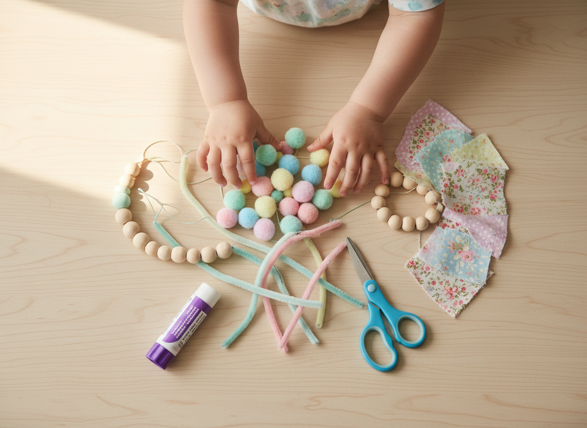 Realistic lifestyle flat lay photo showing craft supplies for young children on a wooden table: colorful pompoms, wooden beads, pipe cleaners, safety scissors, glue stick, and small fabric pieces arranged beautifully. A tiny pair of child hands visible touching the materials. Warm natural light, soft and inviting, editorial lifestyle photography, no clutter, vibrant pastel colors, no adults visible, top-down or slight angle shot.