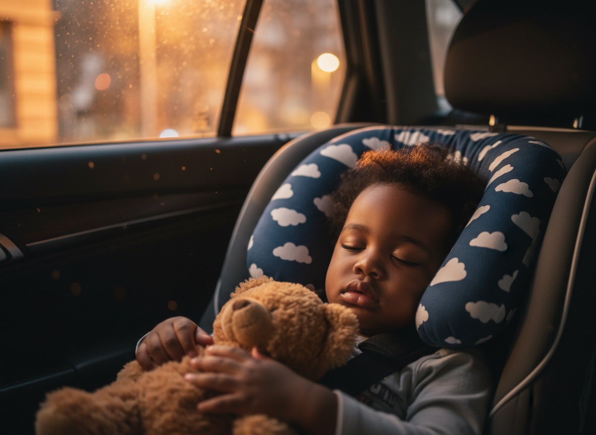 A young Black toddler sleeping peacefully in a car seat at night, soft glow from streetlights outside the window, cozy travel pillow and stuffed animal, calm and tender atmosphere