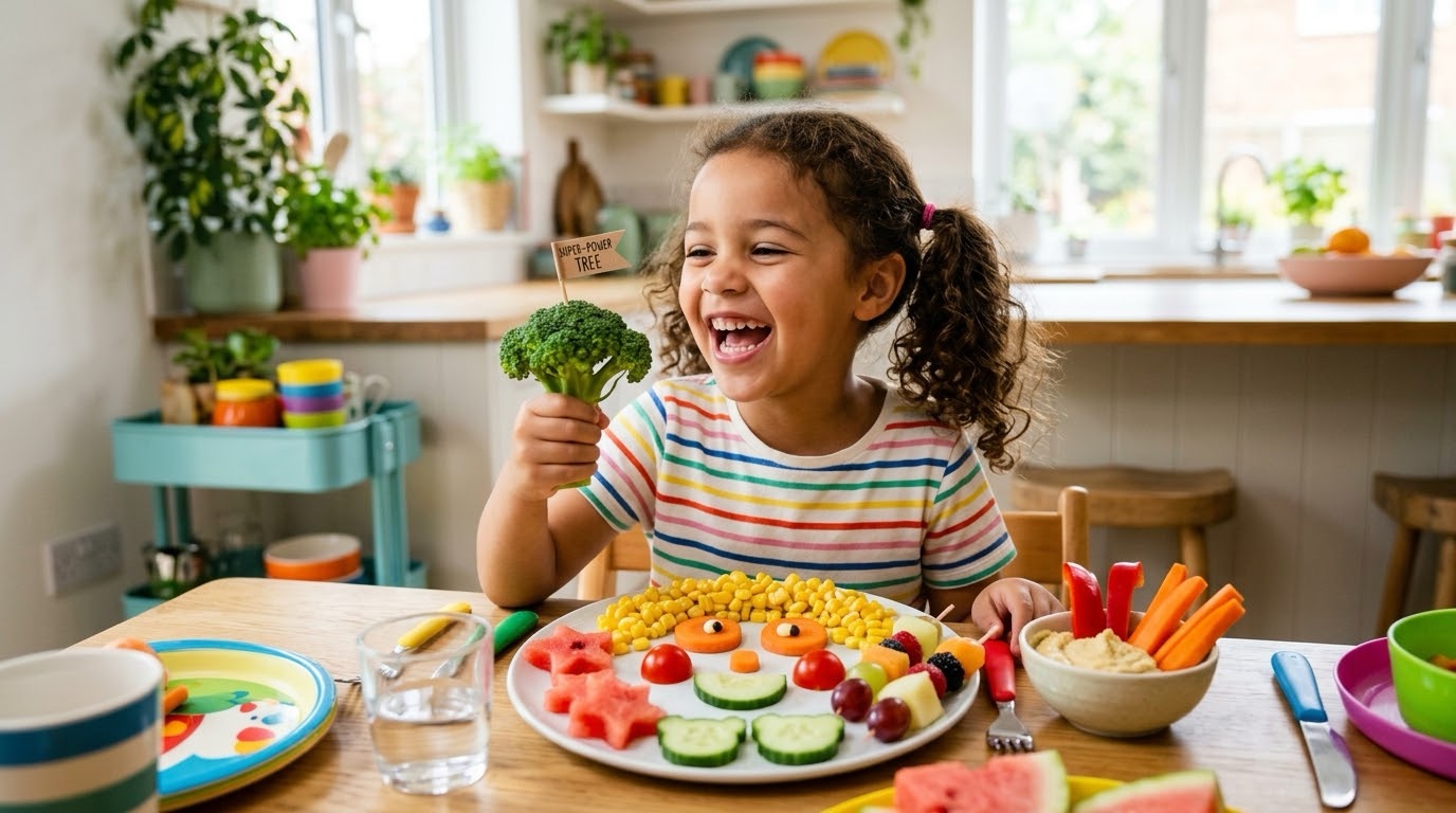 Enfant mangeant des fruits et légumes de façon ludique
