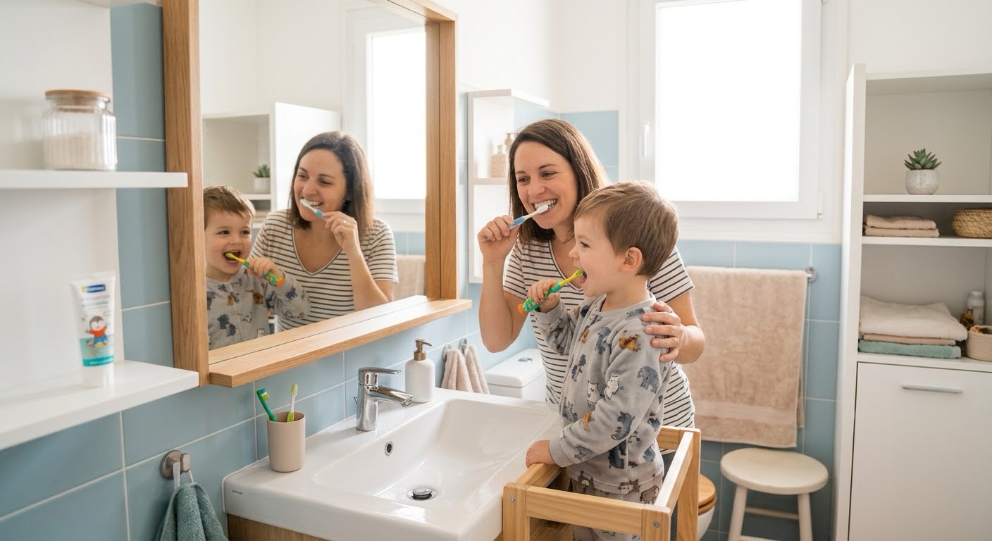Enfant se brossant les dents avec l'aide d'un parent