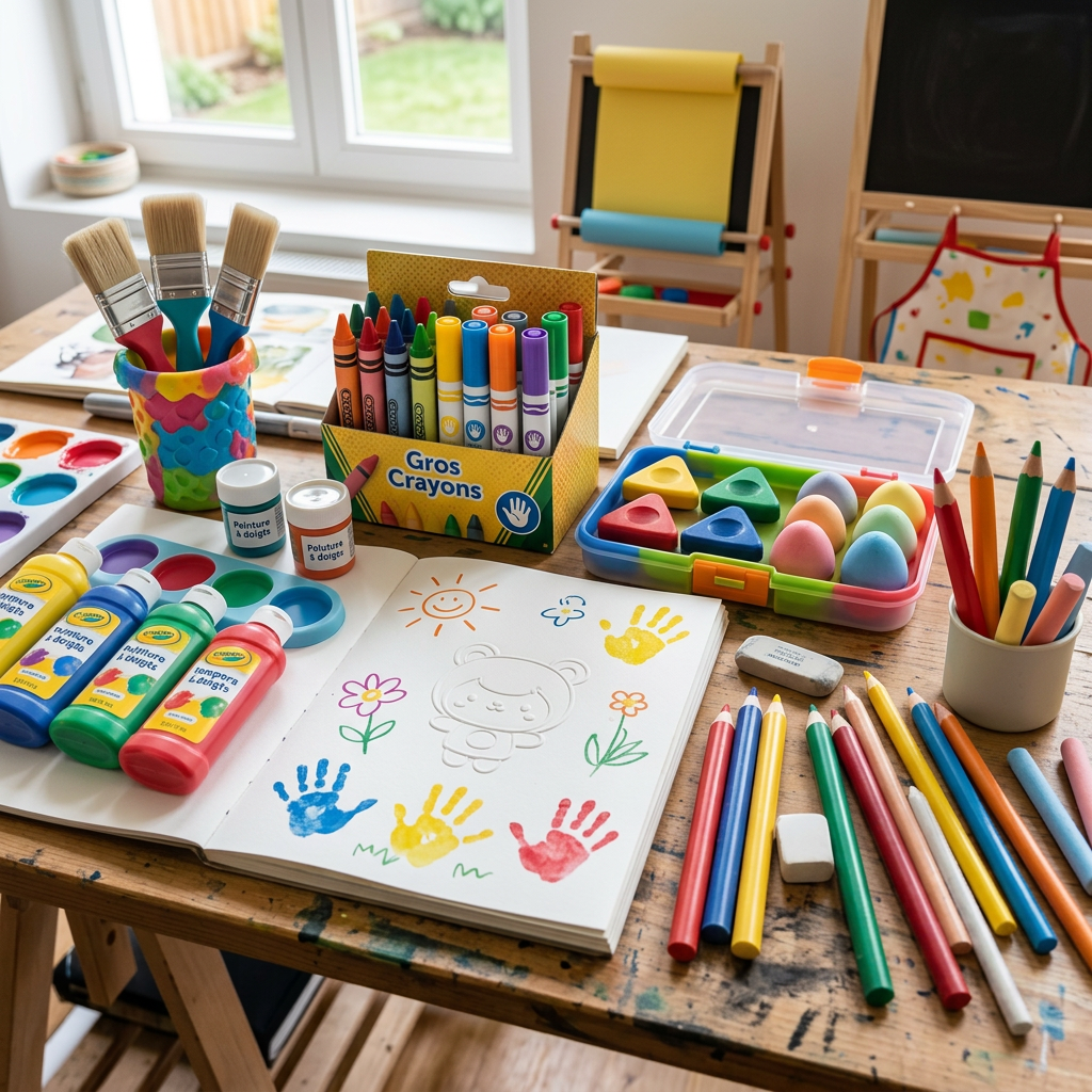 Matériel de dessin pour enfants (peinture, feutres, crayons, pastels) sur une table en bois