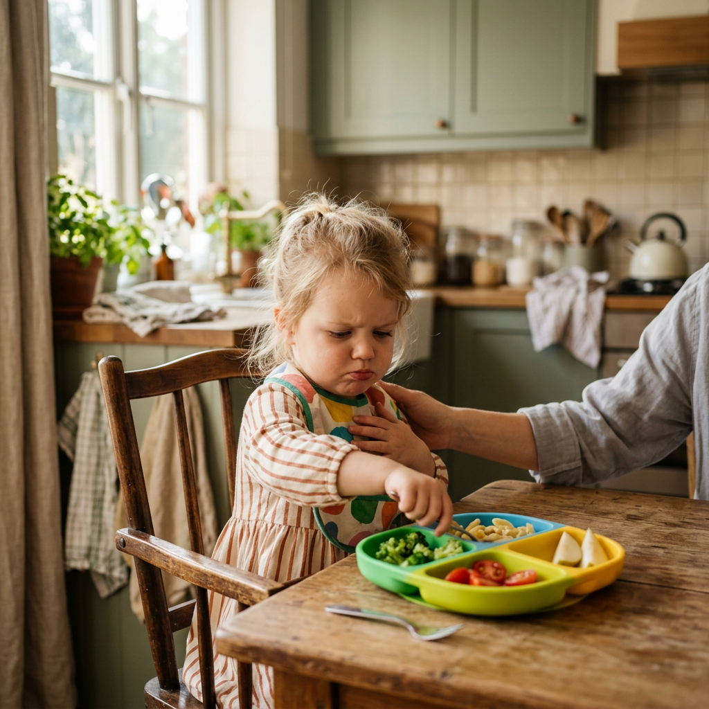 Young child hesitates over lunch while an adult offers gentle support